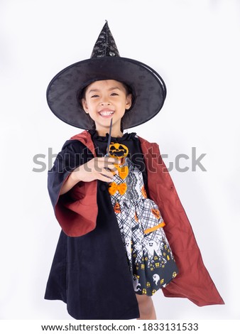girl in witch Cosplay Halloween  costume on white background