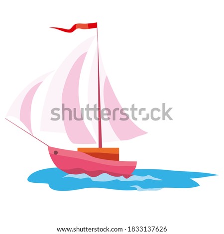 boat with pink sails, lifeboat, cartoon illustration, isolated object on white background, vector, eps