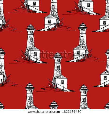 Beautiful lighthouse by the sea. Hand-drawn ink graphics. Coloring book for children and adults. Lighthouse, house, reeds, stairs. For textiles, wallpaper, design paper. Stock graphics Isolate. Marine