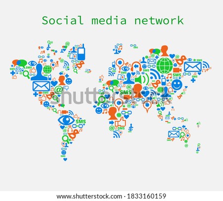 Social media network concept icons in world map
