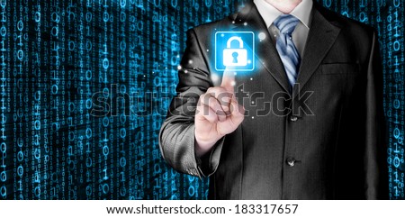 Businessman touch lock on world map  background