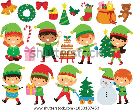 Christmas elves clipart set. Cute Santa’s elves in different poses and a collection of Christmas illustrations.