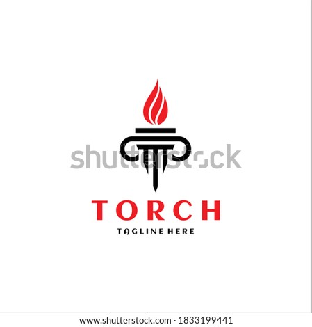 Initial Letter T Burning Torch Fire Flame with Pillar Column Logo Design