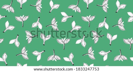 Seamless organic pattern with spring sprout. Botanical elegant green and blue background. Sketch style. Plant leaves and twigs. Good for textile, fabric design, wraping paper, package and card design.