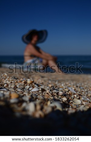 A woman in a hat sitting on the beach in the summer, near the sea and looking into the distance, focus on seashells. Nikon D3100. Royalty-Free Stock Photo #1833262054