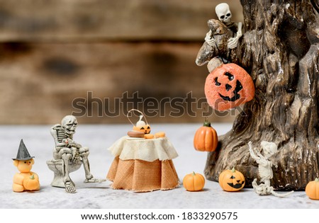 Halloween decoration. Trick or treat in autumn and fall season. Pumpkin face and scary symbol