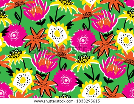 Abstract Hand Drawing Retro Flowers and Leaves Repeating Vector Pattern Isolated Background