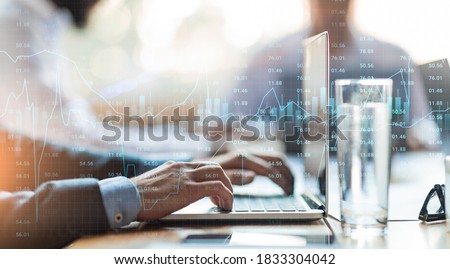 Creative Collage Of Business Team Working On Project And Stock Markets Data On Trasparent Screen, Financial Statistics Layered Over Man Using Laptop For Trading On Forex, Panorama Royalty-Free Stock Photo #1833304042