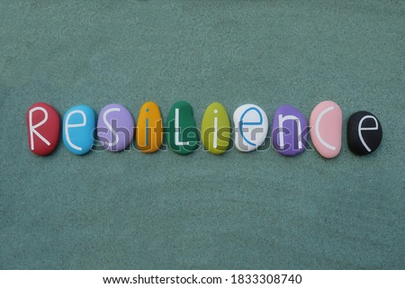 Resilience, the ability to be happy or successful again after something difficult or bad has happened. Creative handmade multicolored stone letters of resilience text over green sand Royalty-Free Stock Photo #1833308740