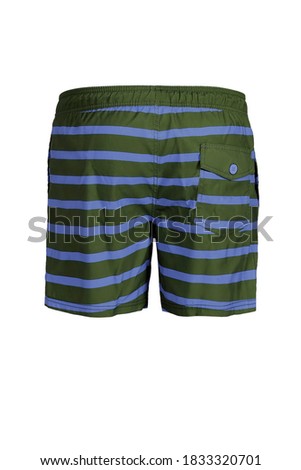 Men's blue with green striped swimming trunks isolated on white background. Back view. Ghost mannequin photography
