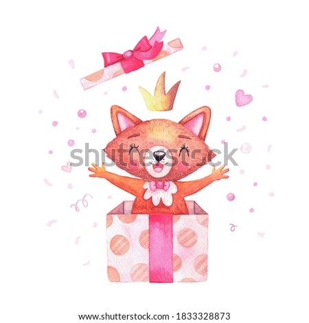 Watercolor character fox girl in crown fun jumping out of a gift box and the lid flies. Cartoon animals for a birthday, or other holiday decoration.