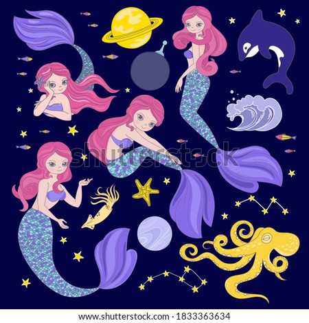 MERMAID IN SPACE Cartoon Cosmos Galactic Princess Journey Traveling Clip Art Vector Illustration Set For Print