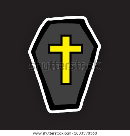 bold white outline of black coffin with gold cross in the middle isolated on black background. vector illustration. hand drawn vector. doodle halloween party for wallpaper, sticker, clipart, poster.