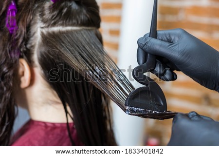 Keratin hair strengthening close-up. The process of applying liquid keratin using a special hairdressing brush. Hair straightening and strengthening. Royalty-Free Stock Photo #1833401842