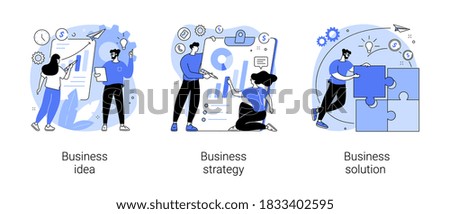 Business plan abstract concept vector illustration set. Business idea, strategy and solution, company achievement, problem solving, decision making, effective performance, roadmap abstract metaphor. Royalty-Free Stock Photo #1833402595