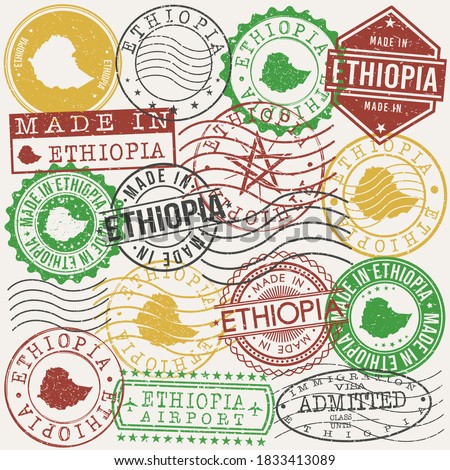 Ethiopia Set of Stamps. Travel Passport Stamps. Made In Product Design Seals in Old Style Insignia. Icon Clip Art Vector Collection.