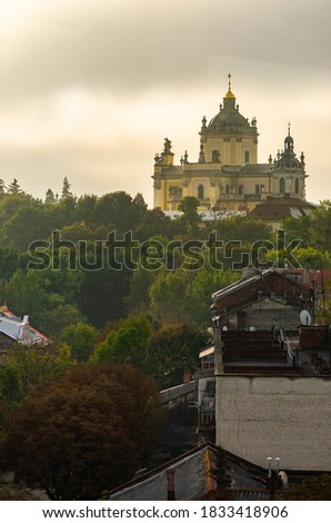 Dramatic foggy sky above the St. George's Cathedral in Lviv