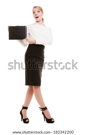 Full length of surprised businesswoman showing document case. Elegant shocked young woman blond emotional girl with briefcase isolated on white. Business and advertisement. Studio shot.