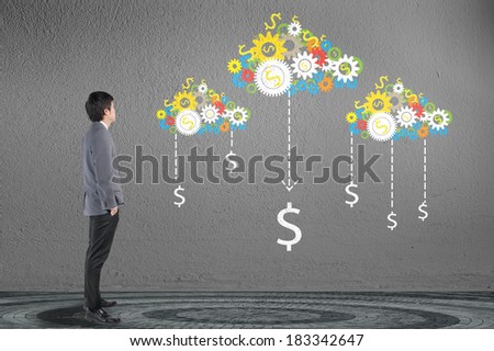 Businessman looking cloud computing network with gear and engine for money concept