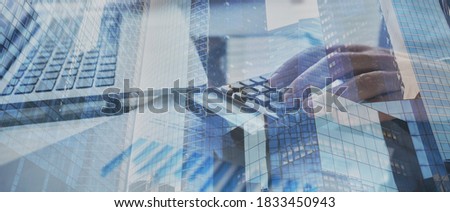 financial banner background for business, finance and investment, double exposure
