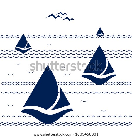 Stylized seascape with sailboats, waves and gulls. Sea background. Vector illustration. 