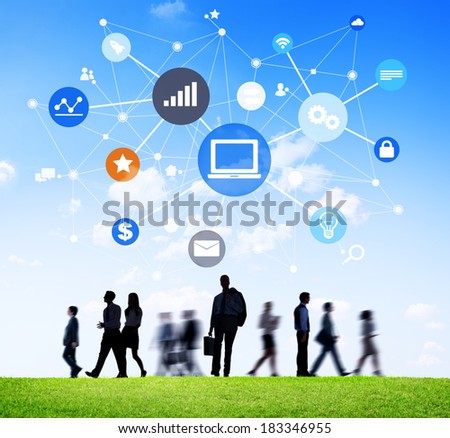 Group Of Business People Walking Outdoors With Computer Network Illustration