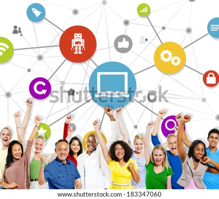 Happy Group Of Multi-Ethnic People Celebrating With Computer Network Illustration