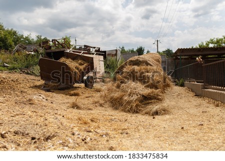 The image shows hay lying on the ground and in the trailer of the car.