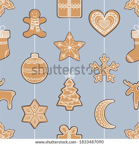Seamless pattern with gingerbread cookies on a string. Christmas ornament for winter holidays. Gingerbread man, Christmas tree, present, stars, deer, socks, heart. Hand drawn vector illustration.