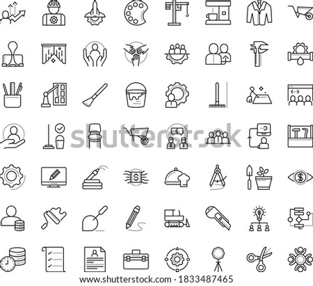 Thin outline vector icon set with dots - Rake vector, Wheelbarrow, Garden hose, referral, resume, Plumbing service, Cleaning, Collaborative idea, Team building, Algorithm, Stationery, Scissors, suit