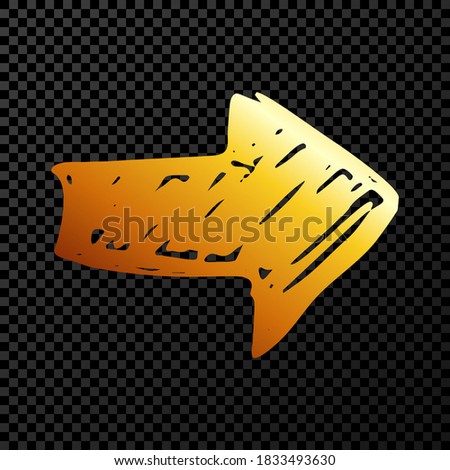 Gold hand drawn arrow. Sketch of gold doodle arrow isolated on dark transparent background. Vector illustration.