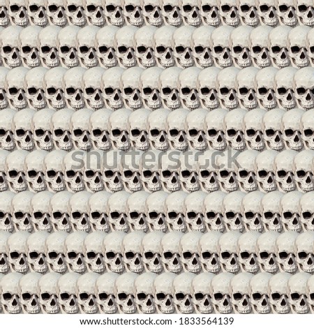 Pattern of human skulls background. Texture of many skulls for print.