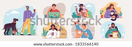 Set of People and their pets illustrations. Men and women having fun, training and playing with their pets. Vector Illustrations