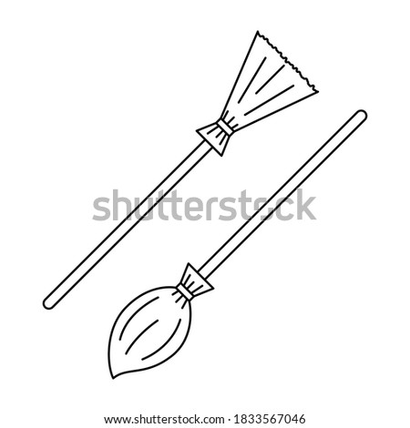 Vector line art broom in two variations. Isolated Halloween element for coloring. Black contour of mystery cleaner on the white background. Coloring cartoon illustration