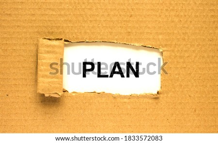 The word Plan appearing behind torn brown paper. Can be use as a concept photo