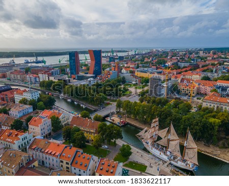 Aerial view of Klaipeda city center and port in horizon. Lithuania