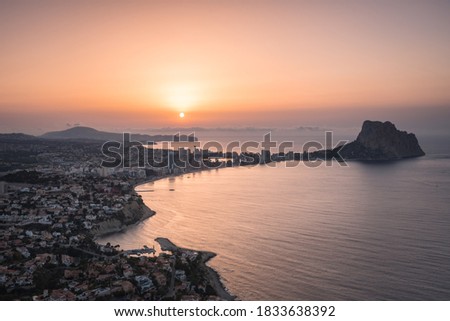 Top view of Calpe city skyline at sunrise, Alicante, Spain