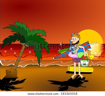 Funny cartoon, comic, caricature boy standing on the beach under palm tree by the sea on the coast with equipment for the beach... ideal for holidays and vacations. vector image illustration eps10