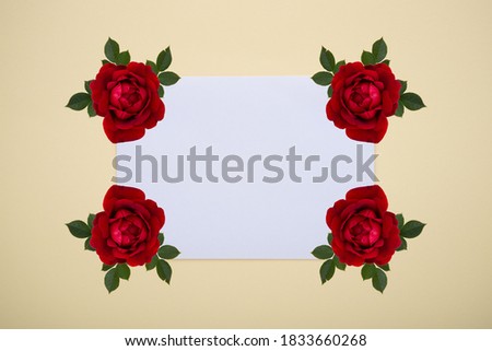 Four red roses and green leaves on white paper and pastel background.