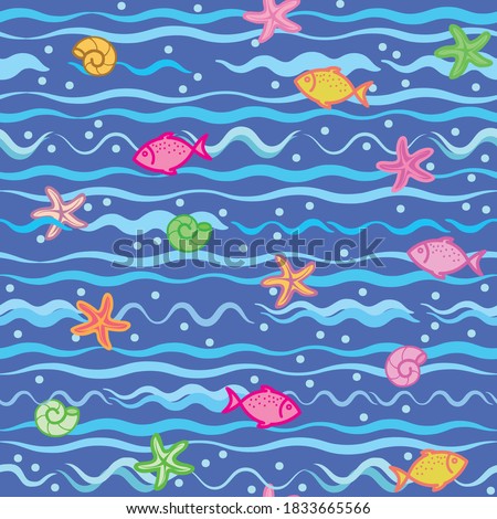 Marine seamless pattern with sea ​​waves, colorful fish, starfish, seashells and air bubbles on dark blue background. Cute children's design for textile, wallpaper and gift wrap.