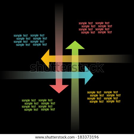 Vector black background with intersecting color arrows. Abstract illustration for web, print template with text box. Simple concept