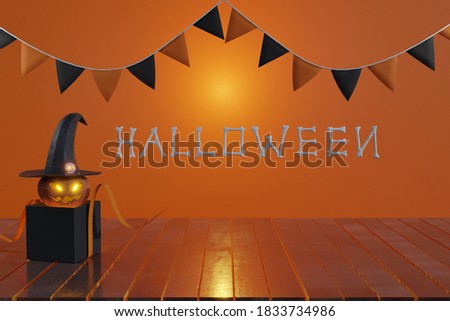 3d rendering ,  Halloween pumpkin in mysterious on wood  . Concept halloween