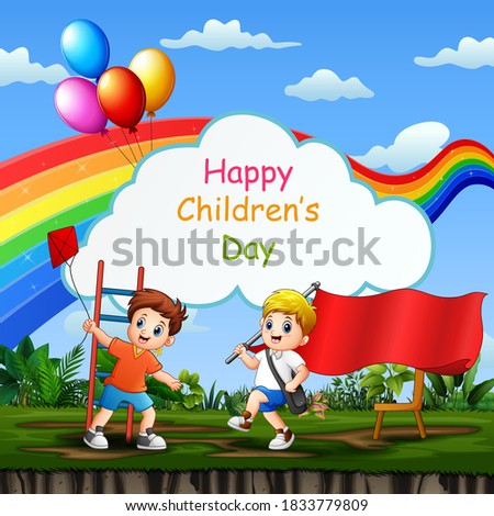 Happy children's day template with kids playing in the park