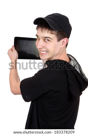 Cheerful Teenager with Tablet Computer Isolated on the White Background