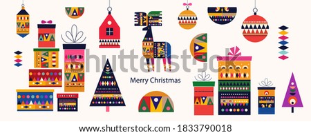Christmas banner template in Scandinavian folk style with Christmas deer, Christmas trees, and gift boxes