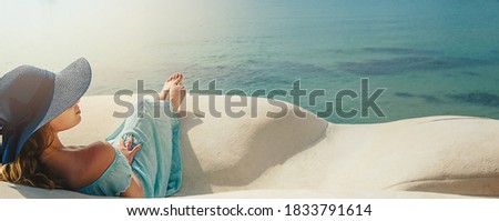 Banner Young woman with hat on the white rocks on the beach Sicily. High quality photo