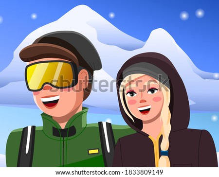 Guy in ski glasses, girl in warm clothes, close-up, on snowy mountains, snowflakes background . Bloggers make videos of travels. Blog about winter holidays. Blogging, streaming, video broadcasting