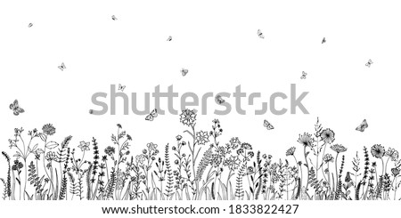 Wildflowers and grasses with various insects. Fashion sketch for various design ideas. Monochrom print. Royalty-Free Stock Photo #1833822427