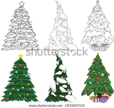 Realistic colorful Christmas New Year winter tree with decorations, presents and snow template set. Bright holiday cartoon vector illustration in color and black and white. Coloring story book, paper