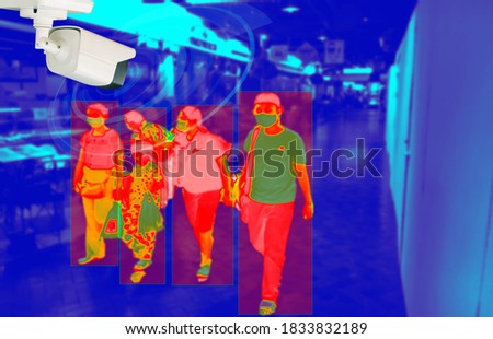 CCTV or thermogram camera scan system hi-technology to check body temperature before access to  service for against epidemic flu covid19 or corona virus as show in green block normal concept. Royalty-Free Stock Photo #1833832189